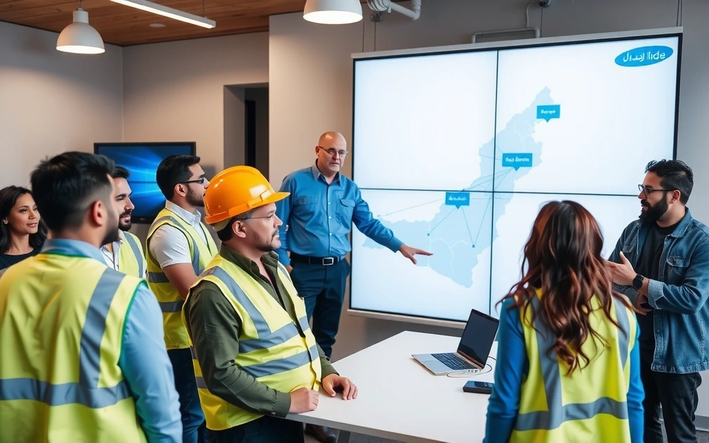 A team of engineers collaborating on network infrastructure, illustrating the story of BahrainNet Connect's development.