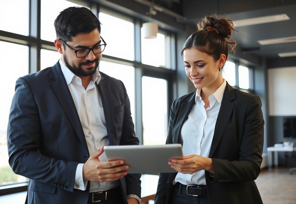 Business professionals discussing a project with a tablet