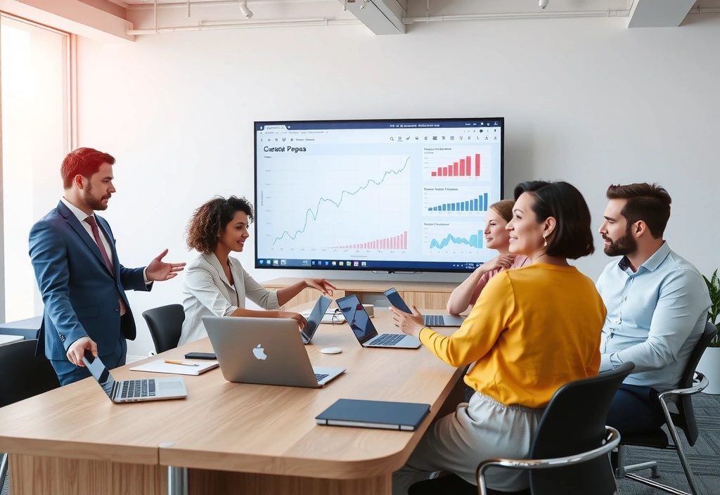 Professional business team collaborating with digital devices