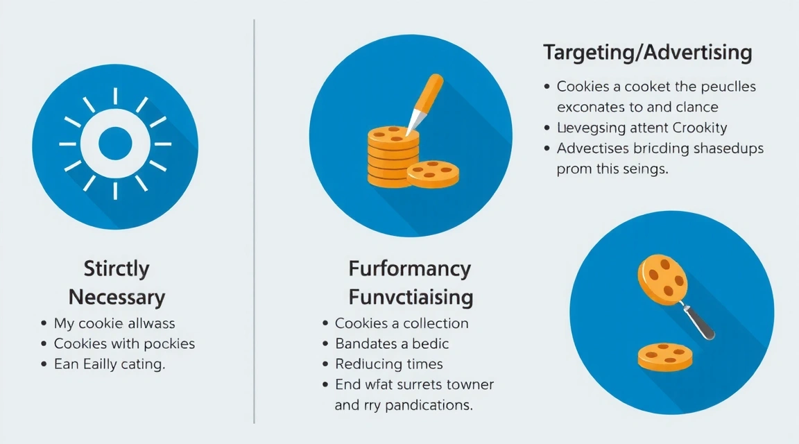 A detailed infographic showing different types of cookies and their functions on a website, with icons representing security, analytics, personalization, and advertising.