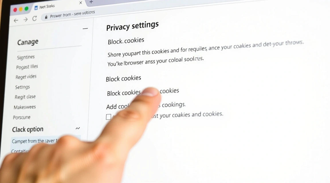 A hand interacting with browser settings, showing options to manage cookies and privacy, symbolizing user control over data