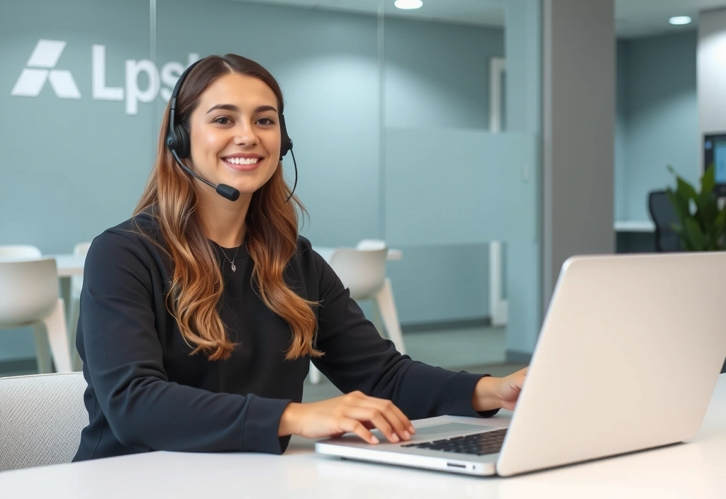Customer support representative assisting a client via phone and computer, showing dedicated service.