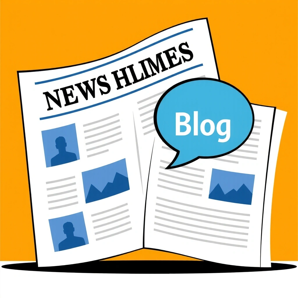 Illustration of a newspaper and a blog icon, symbolizing news and articles.