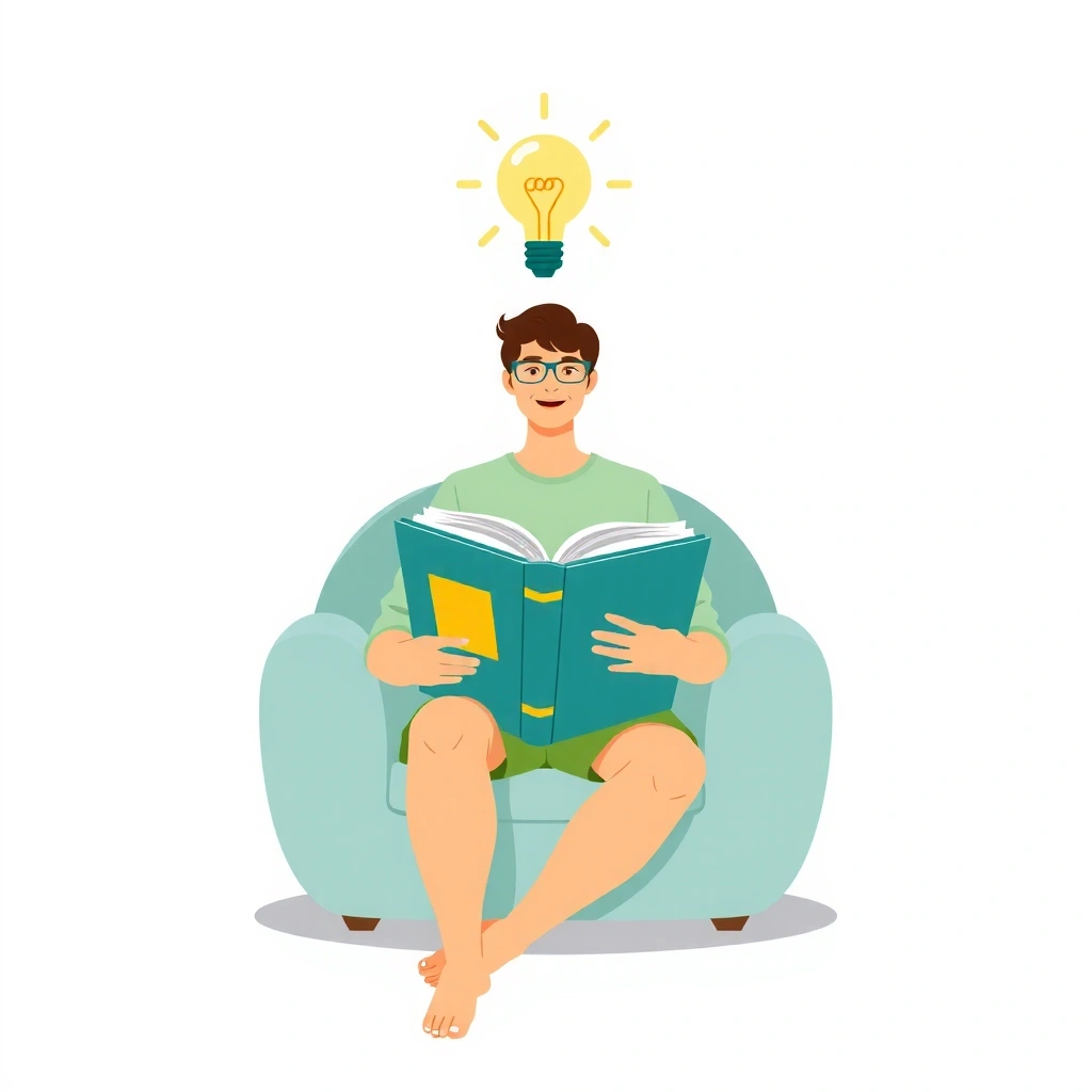 Illustration of a person reading a book with a lightbulb, symbolizing learning and guides.