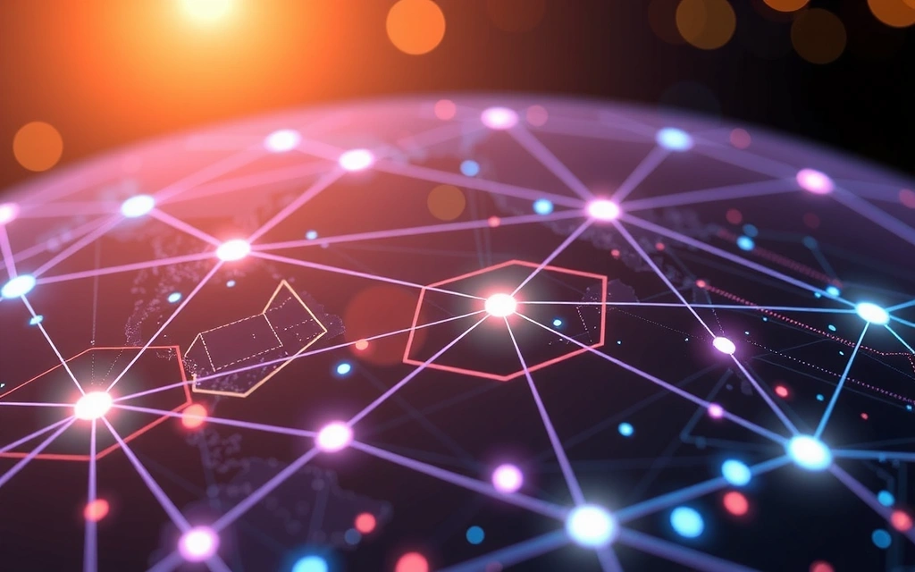 Abstract representation of global digital connectivity with glowing lines and fiber optics.