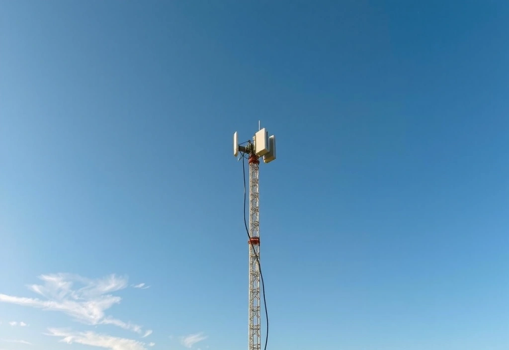 A modern 5G antenna tower against a clear blue sky, symbolizing advanced telecommunications infrastructure.
