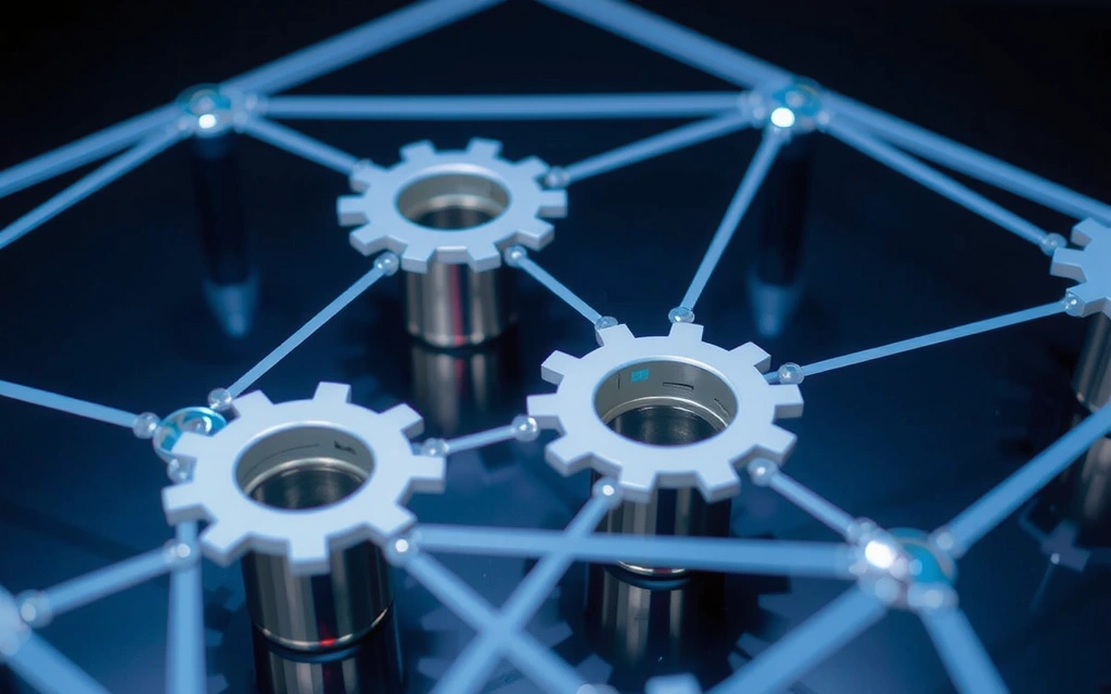 Abstract network connections symbolizing data usage for service improvement, with gears and light beams.