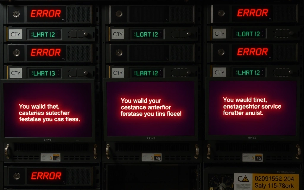 Broken server rack with error messages, symbolizing service unavailability