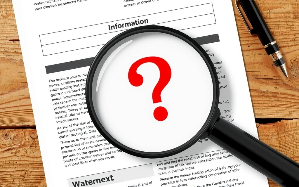 Magnifying glass over a document with question marks, symbolizing scrutiny